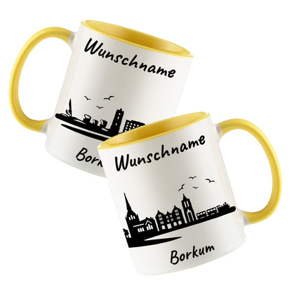 Tasse in Hellgelb 330ml bedruckt mit der Skyline von Borkum personalisierbar mit Wunschname