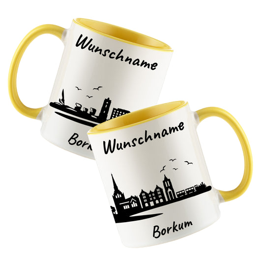 Tasse in Hellgelb 330ml bedruckt mit der Skyline von Borkum personalisierbar mit Wunschname