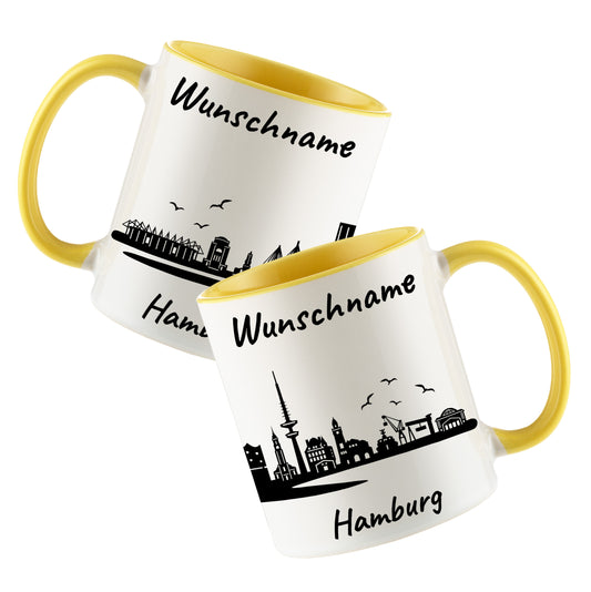 Tasse in Hellgelb 330ml bedruckt mit der Skyline von Hamburg personalisierbar mit Wunschname
