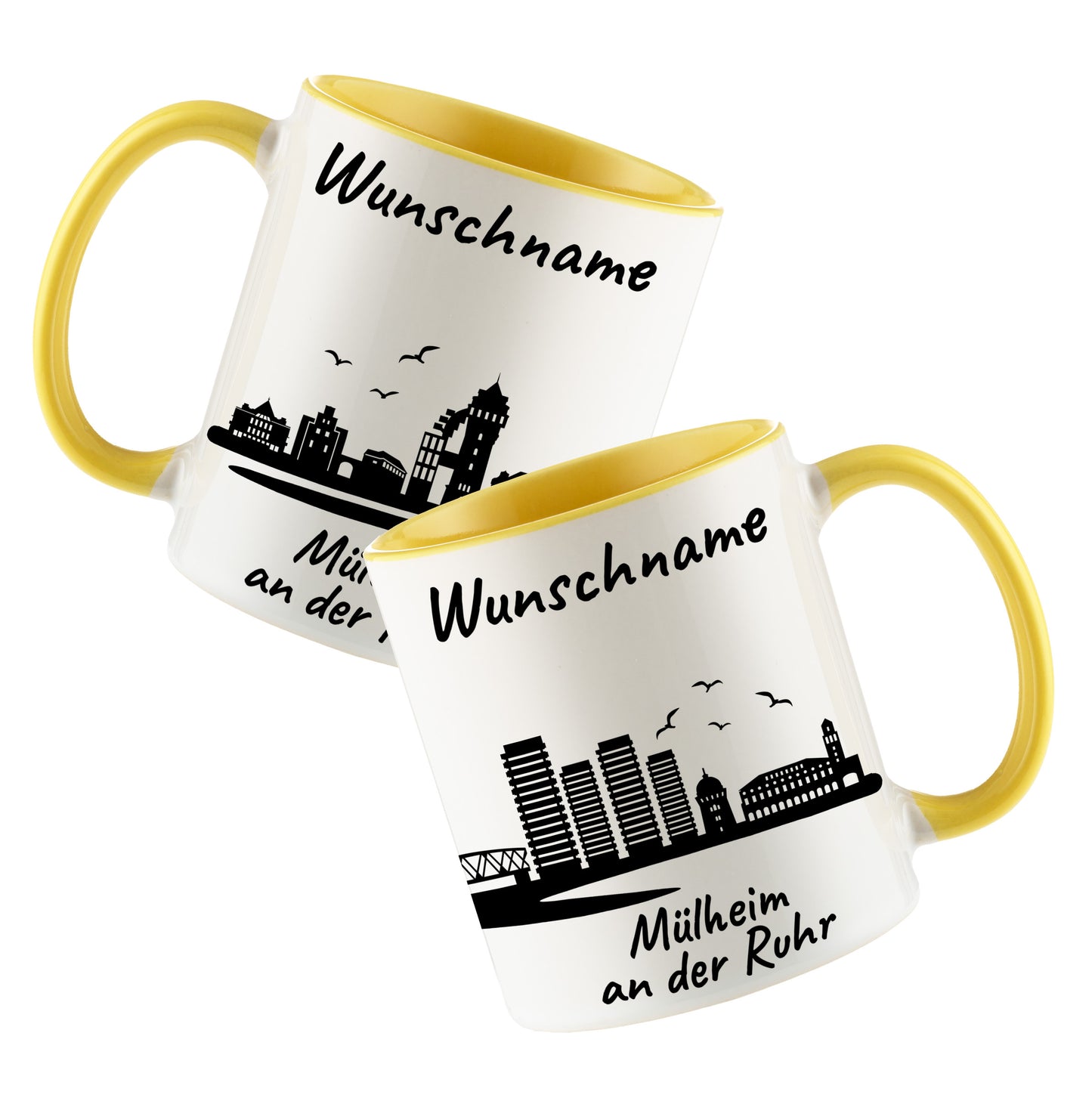 Tasse in Hellgelb 330ml bedruckt mit der Skyline von Mülheim an der Ruhr personalisierbar mit Wunschname