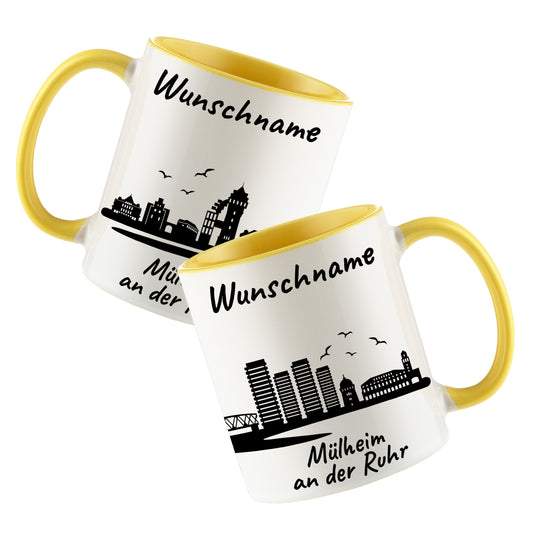 Tasse in Hellgelb 330ml bedruckt mit der Skyline von Mülheim an der Ruhr personalisierbar mit Wunschname