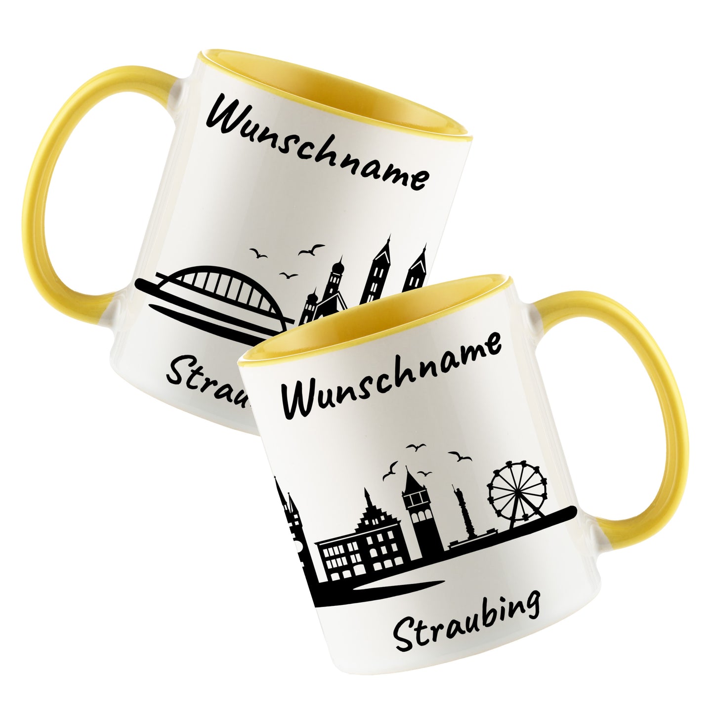 Tasse in Hellgelb 330ml bedruckt mit der Skyline von Straubing personalisierbar mit Wunschname