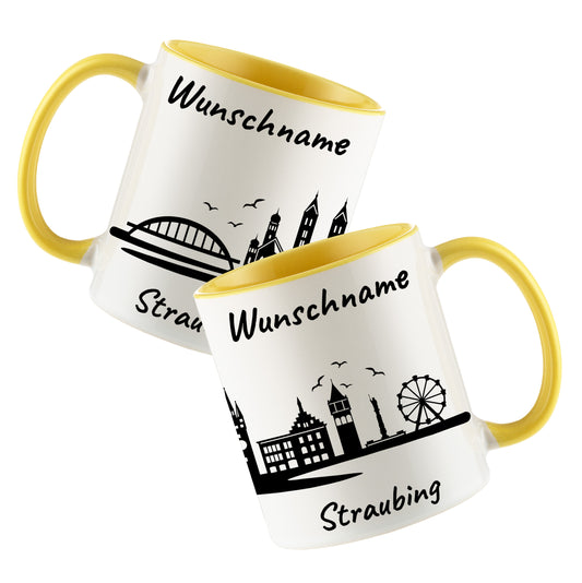 Tasse in Hellgelb 330ml bedruckt mit der Skyline von Straubing personalisierbar mit Wunschname
