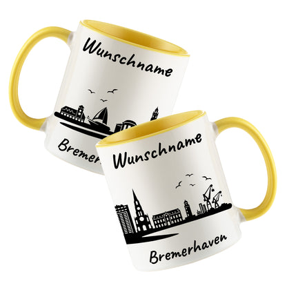 Tasse in Hellgelb 330ml bedruckt mit der Skyline von Bremerhaven personalisierbar mit Wunschname