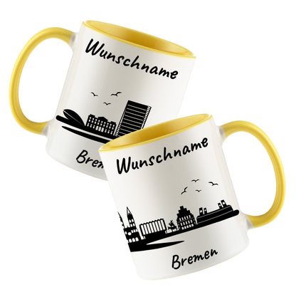 Tasse in Hellgelb 330ml bedruckt mit der Skyline von Bremen personalisierbar mit Wunschname