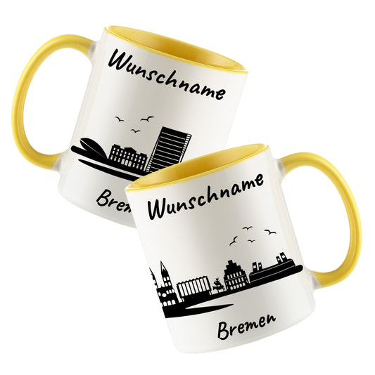 Tasse in Hellgelb 330ml bedruckt mit der Skyline von Bremen personalisierbar mit Wunschname