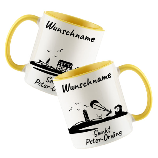 Tasse in Hellgelb 330ml bedruckt mit der Skyline von Sankt Peter-Ording personalisierbar mit Wunschname