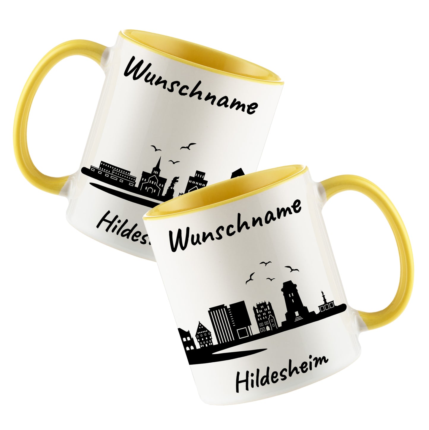 Tasse in Hellgelb 330ml bedruckt mit der Skyline von Hildesheim personalisierbar mit Wunschname