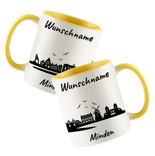 Tasse in Hellgelb 330ml bedruckt mit der Skyline von Minden personalisierbar mit Wunschname