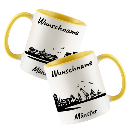 Tasse in Hellgelb 330ml bedruckt mit der Skyline von Münster personalisierbar mit Wunschname
