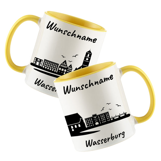 Tasse in Hellgelb 330ml bedruckt mit der Skyline von Wasserburg personalisierbar mit Wunschname