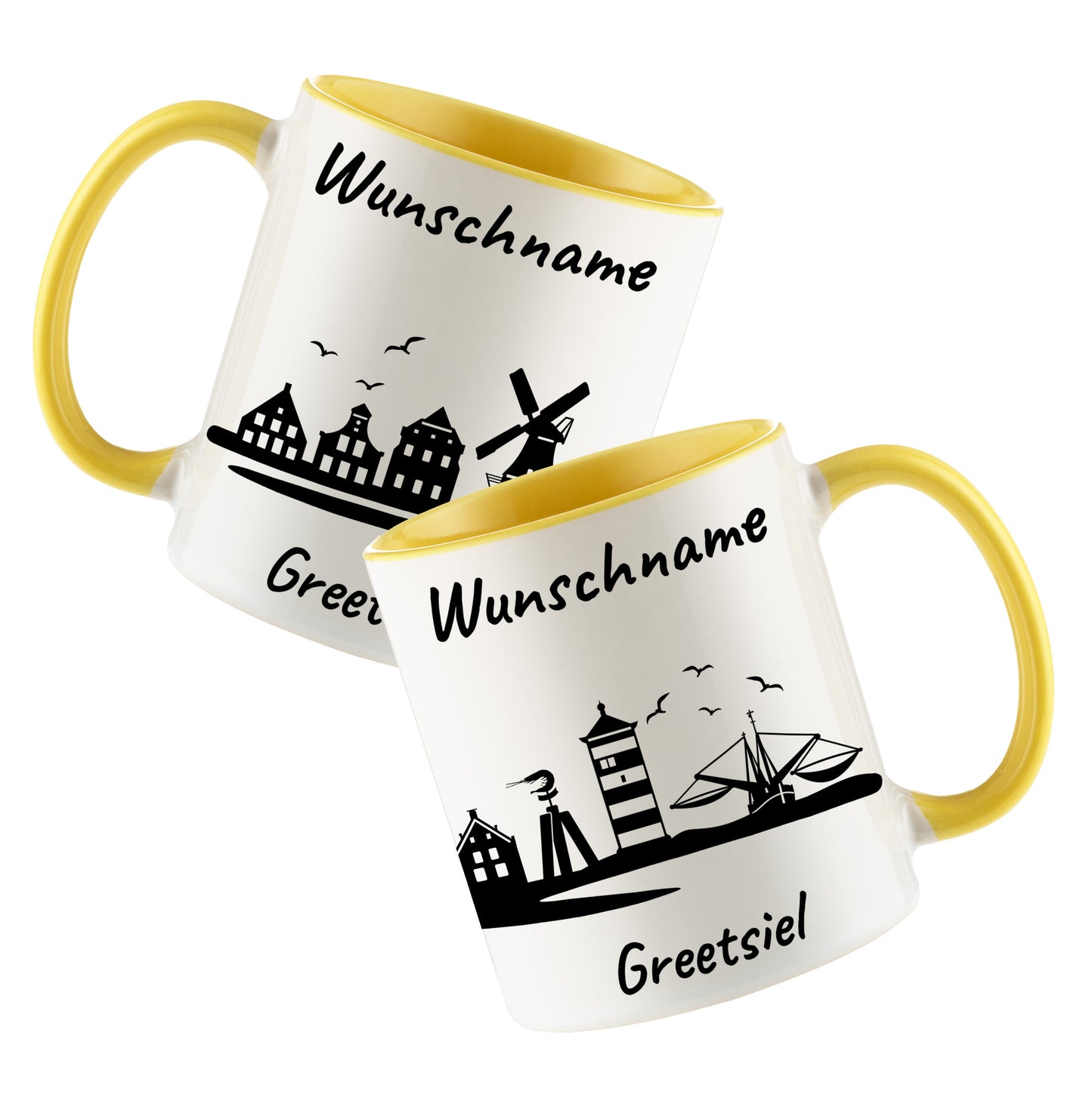 Tasse in Hellgelb 330ml bedruckt mit der Skyline von Greetsiel personalisierbar mit Wunschname