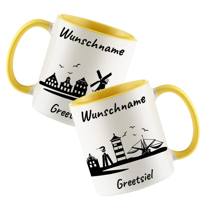 Tasse in Hellgelb 330ml bedruckt mit der Skyline von Greetsiel personalisierbar mit Wunschname
