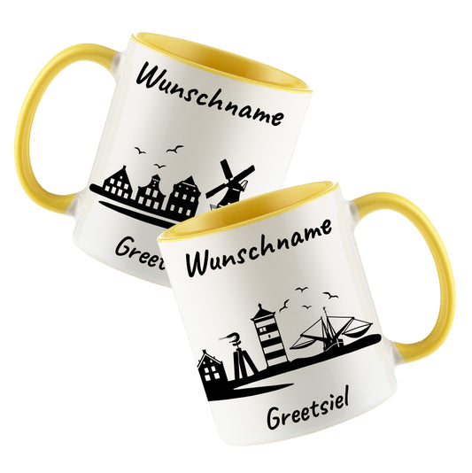 Tasse in Hellgelb 330ml bedruckt mit der Skyline von Greetsiel personalisierbar mit Wunschname
