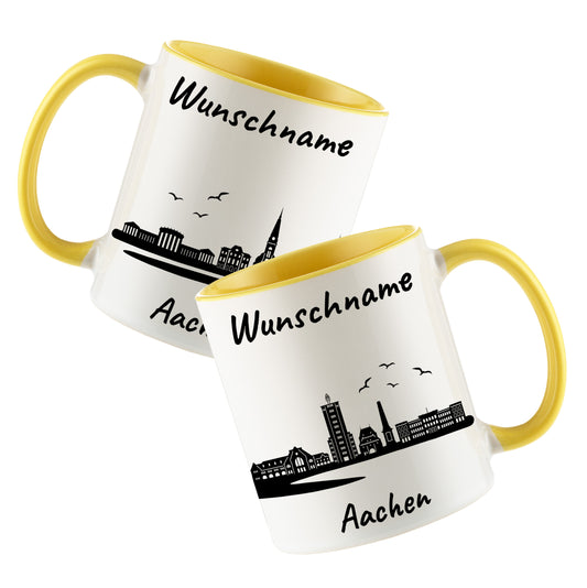 Tasse in Hellgelb 330ml bedruckt mit der Skyline von Aachen personalisierbar mit Wunschname