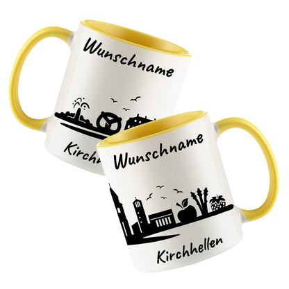Tasse in Hellgelb 330ml bedruckt mit der Skyline von Kirchhellen personalisierbar mit Wunschname