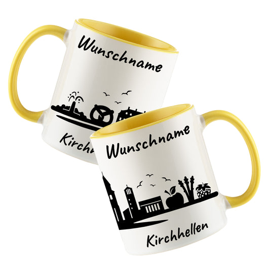 Tasse in Hellgelb 330ml bedruckt mit der Skyline von Kirchhellen personalisierbar mit Wunschname