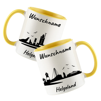 Tasse in Hellgelb 330ml bedruckt mit der Skyline von Helgoland personalisierbar mit Wunschname