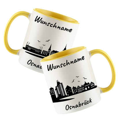 Tasse in Hellgelb 330ml bedruckt mit der Skyline von Osnabrück personalisierbar mit Wunschname