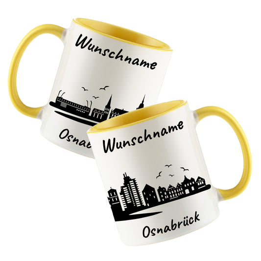 Tasse in Hellgelb 330ml bedruckt mit der Skyline von Osnabrück personalisierbar mit Wunschname