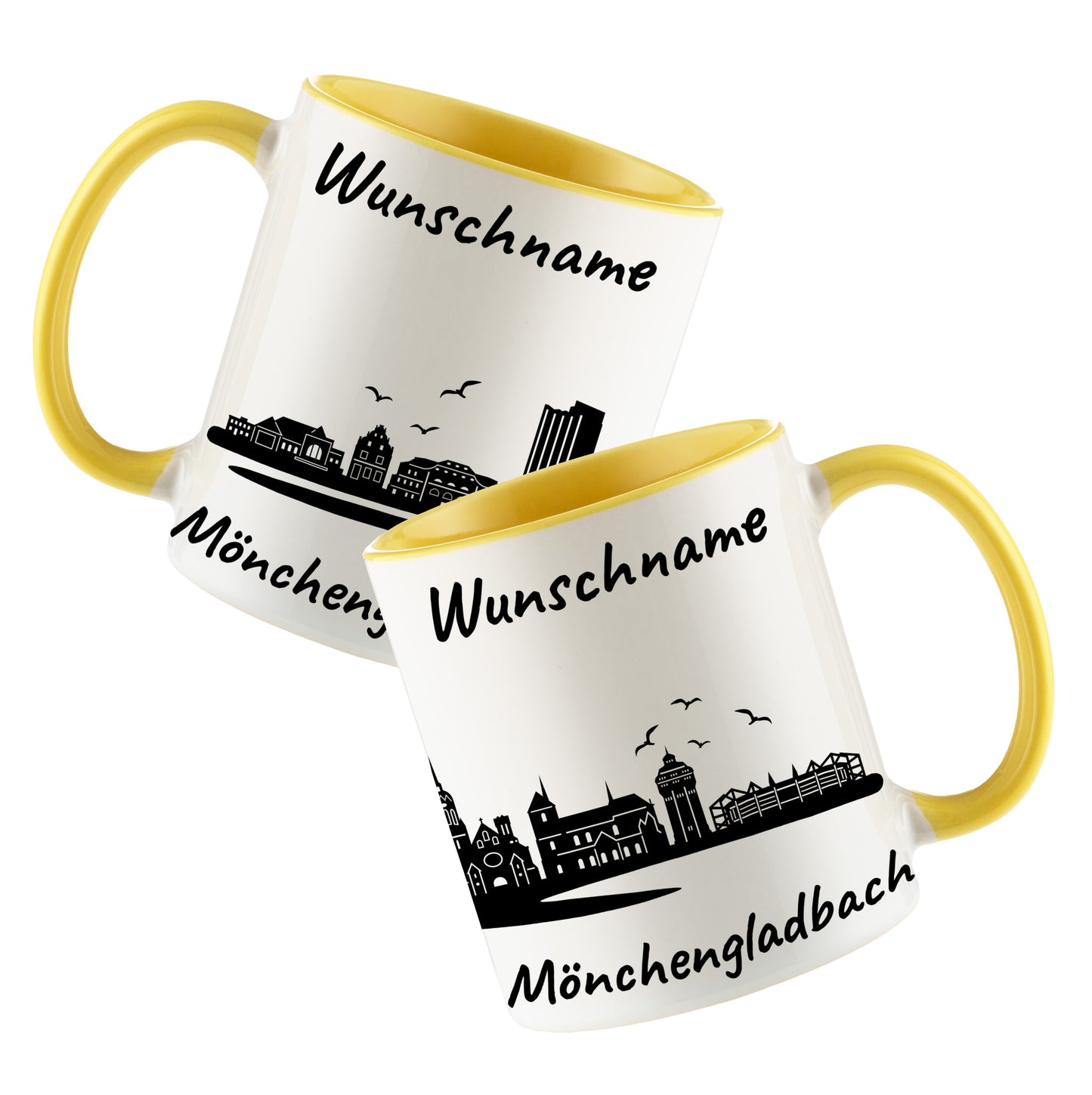 Tasse in Hellgelb 330ml bedruckt mit der Skyline von Mönchengladbach personalisierbar mit Wunschname