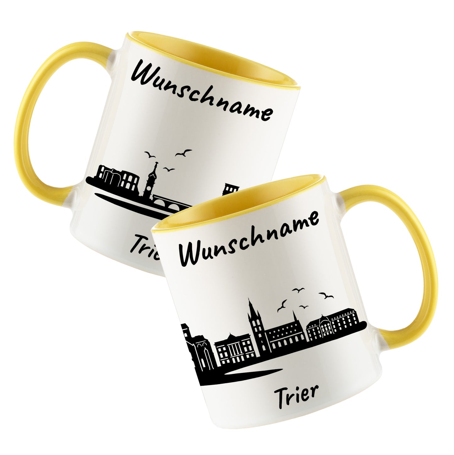 Tasse in Hellgelb 330ml bedruckt mit der Skyline von Trier personalisierbar mit Wunschname