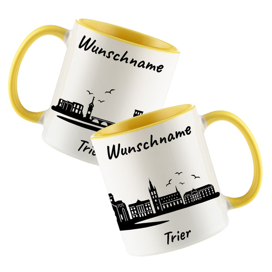 Tasse in Hellgelb 330ml bedruckt mit der Skyline von Trier personalisierbar mit Wunschname