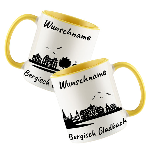 Tasse in Hellgelb 330ml bedruckt mit der Skyline von Bergisch Gladbach personalisierbar mit Wunschname