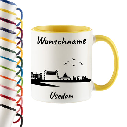 Tasse in Hellgelb 330ml bedruckt mit der Skyline von Usedom personalisierbar mit Wunschname