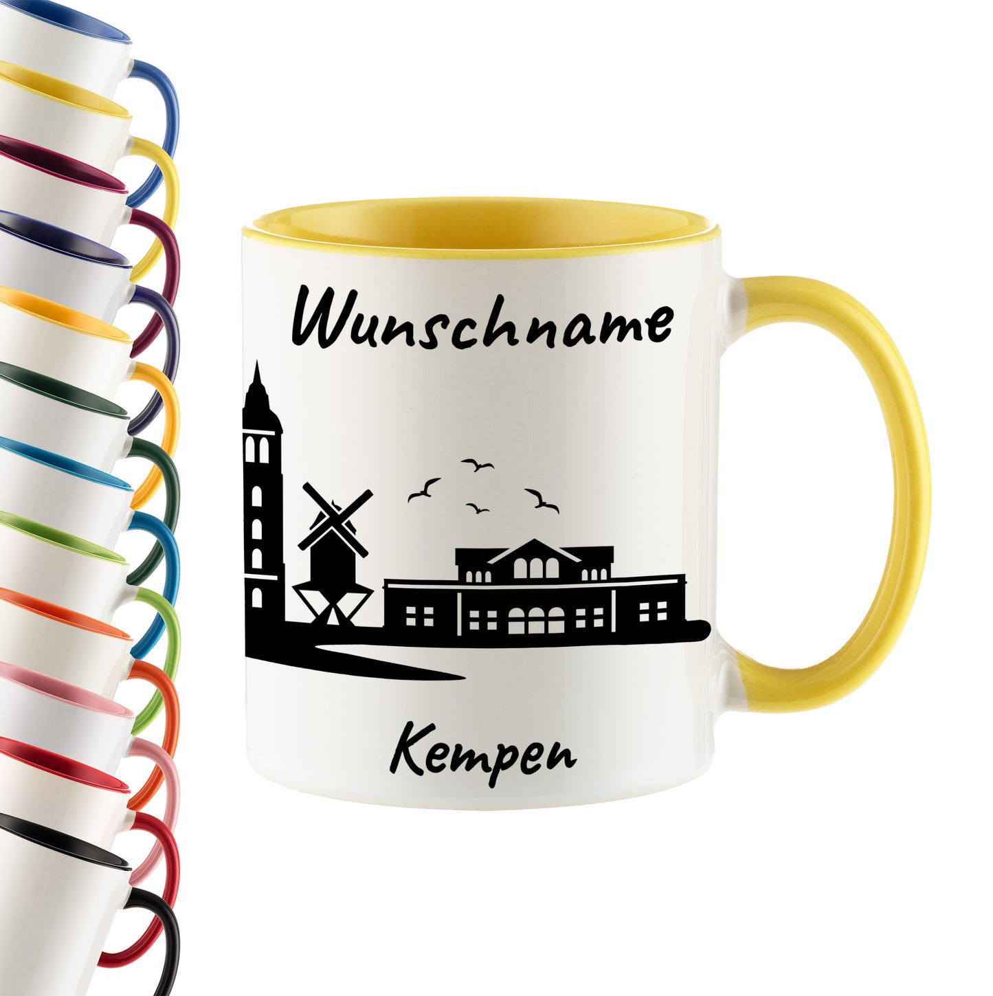 Tasse in Hellgelb 330ml bedruckt mit der Skyline von Kempen personalisierbar mit Wunschname