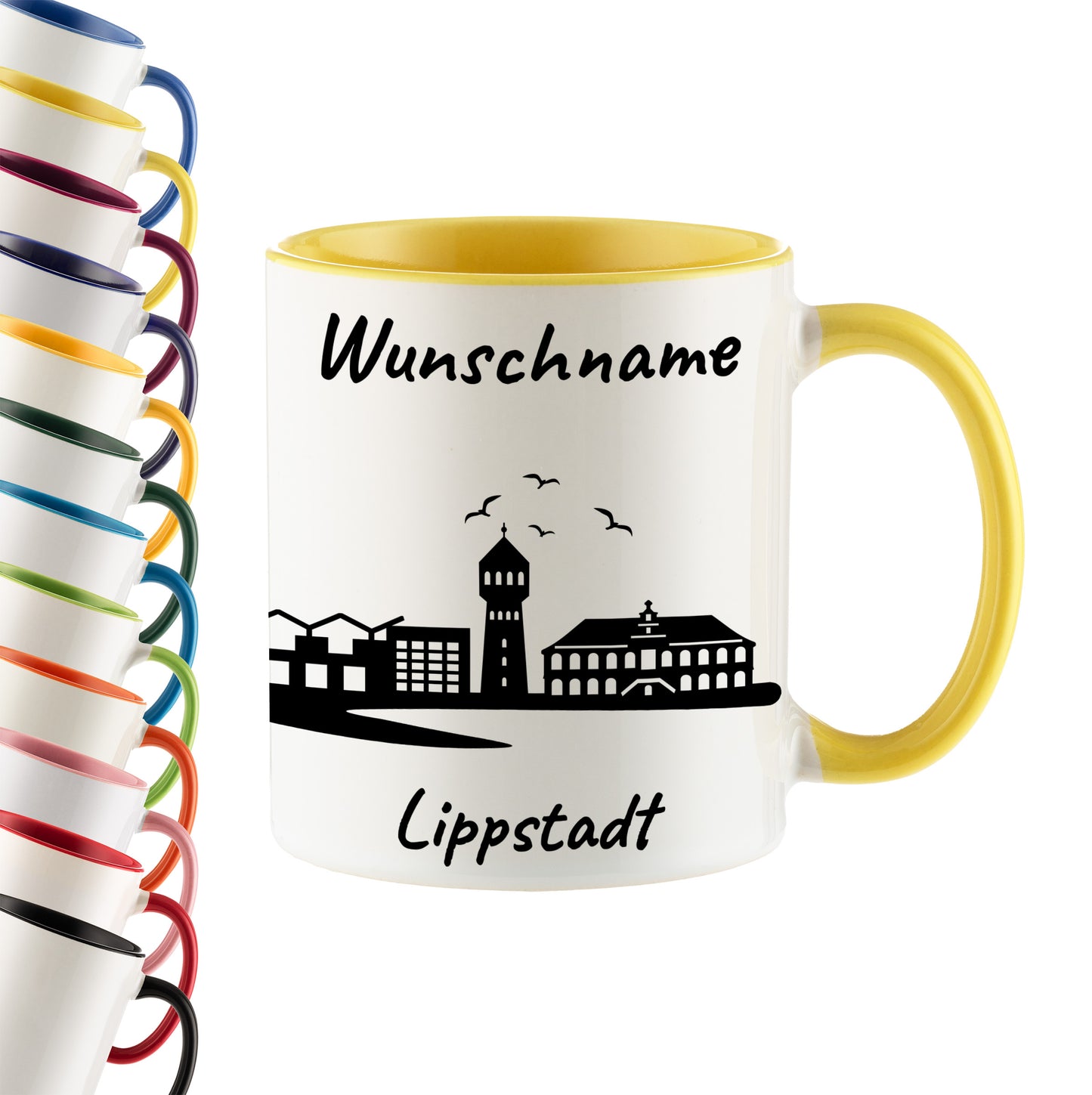 Tasse in Hellgelb 330ml bedruckt mit der Skyline von Lippstadt personalisierbar mit Wunschname