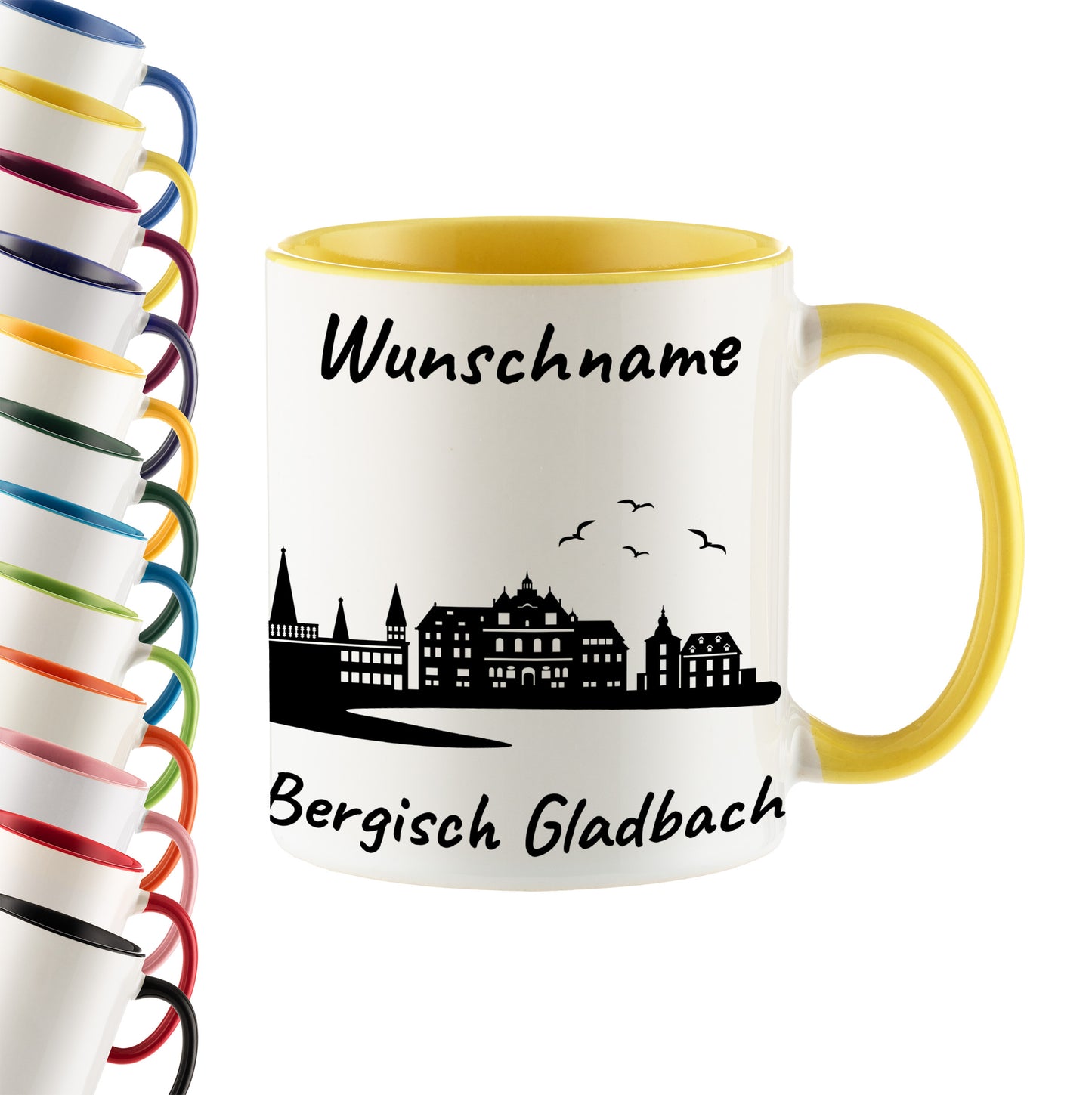 Tasse in Hellgelb 330ml bedruckt mit der Skyline von Bergisch Gladbach personalisierbar mit Wunschname