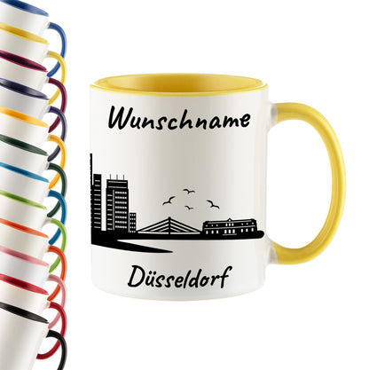 Tasse in Hellgelb 330ml bedruckt mit der Skyline von Düsseldorf personalisierbar mit Wunschname