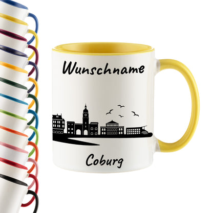 Tasse in Hellgelb 330ml bedruckt mit der Skyline von Coburg personalisierbar mit Wunschname