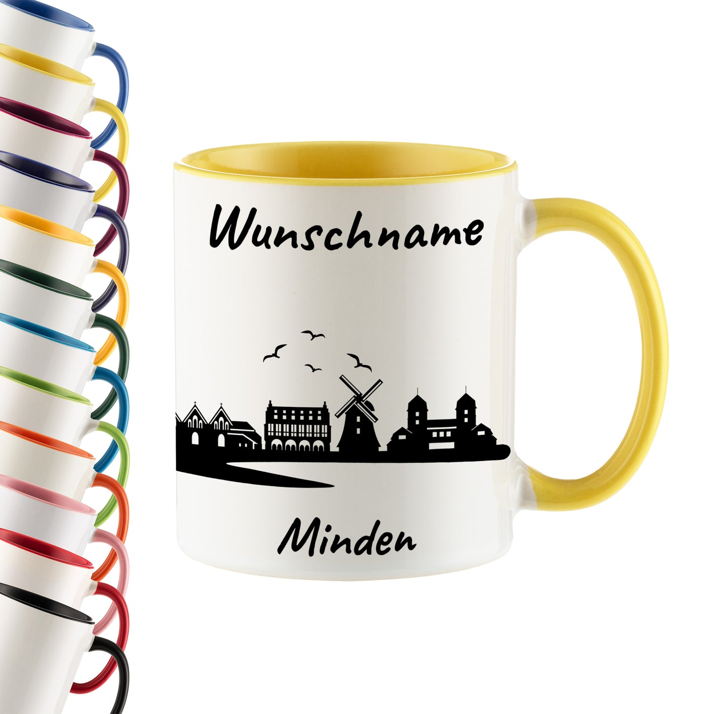 Tasse in Hellgelb 330ml bedruckt mit der Skyline von Minden personalisierbar mit Wunschname