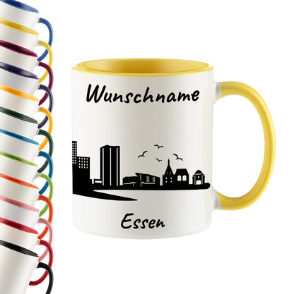 Tasse in Hellgelb 330ml bedruckt mit der Skyline von Essen personalisierbar mit Wunschname