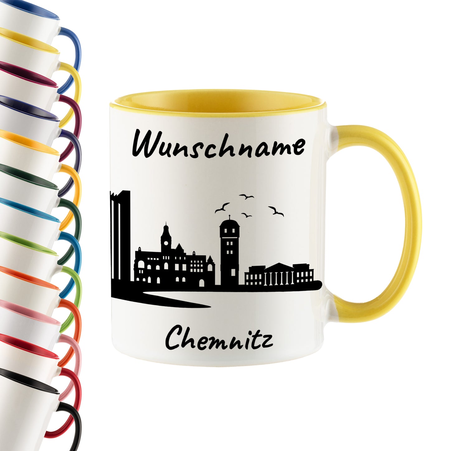 Tasse in Hellgelb 330ml bedruckt mit der Skyline von Chemnitz personalisierbar mit Wunschname
