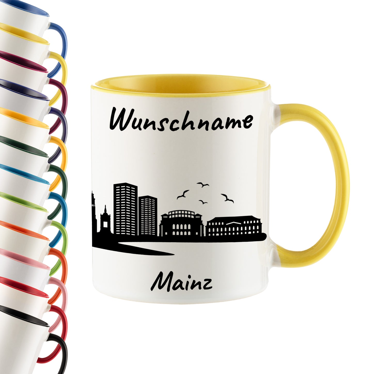 Tasse in Hellgelb 330ml bedruckt mit der Skyline von Mainz personalisierbar mit Wunschname