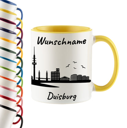 Tasse in Hellgelb 330ml bedruckt mit der Skyline von Duisburg personalisierbar mit Wunschname