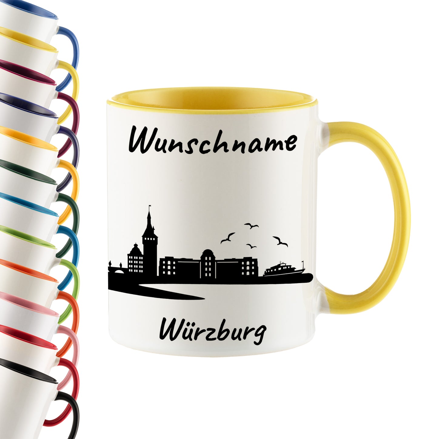 Tasse in Hellgelb 330ml bedruckt mit der Skyline von Würzburg personalisierbar mit Wunschname