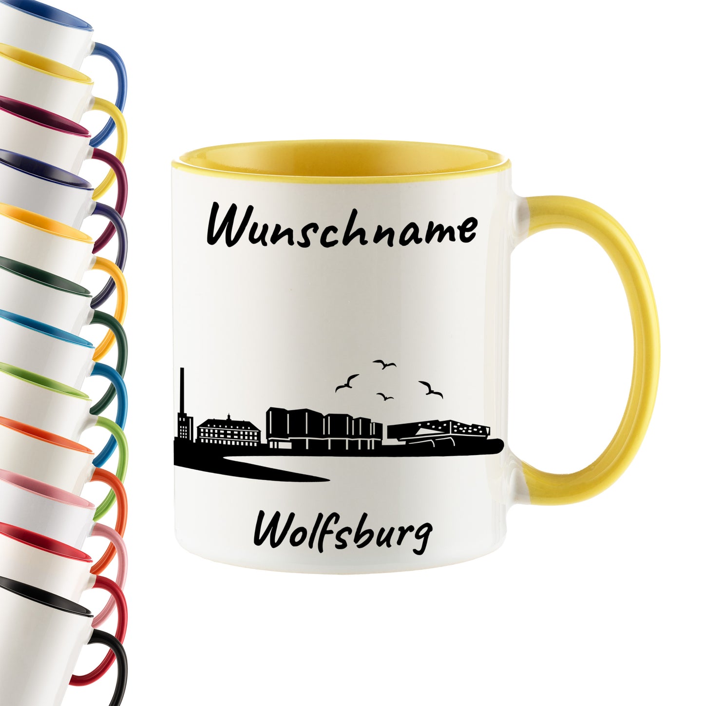 Tasse in Hellgelb 330ml bedruckt mit der Skyline von Wolfsburg personalisierbar mit Wunschname