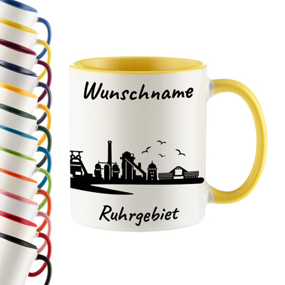 Tasse in Hellgelb 330ml bedruckt mit der Skyline von Ruhrgebiet personalisierbar mit Wunschname