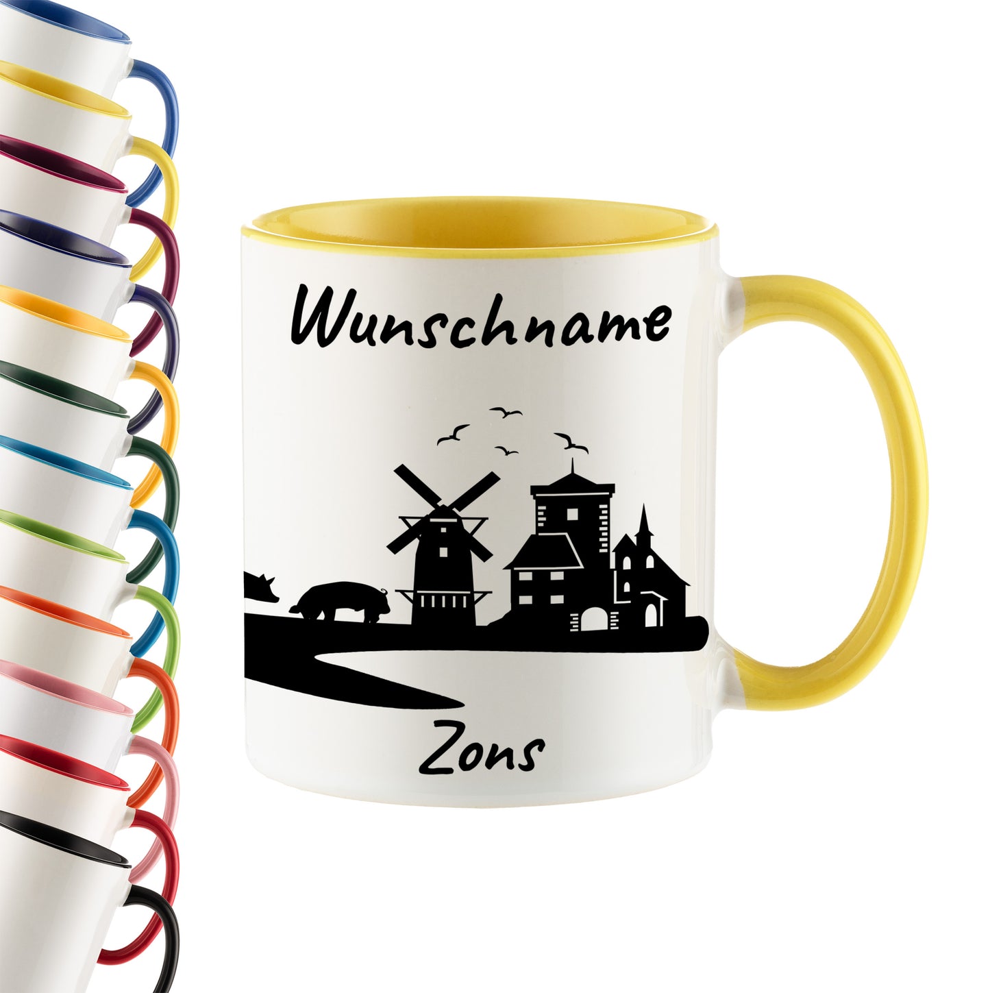 Tasse in Hellgelb 330ml bedruckt mit der Skyline von Zons (Dormagen) personalisierbar mit Wunschname