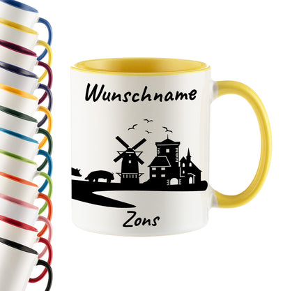 Tasse in Hellgelb 330ml bedruckt mit der Skyline von Zons (Dormagen) personalisierbar mit Wunschname
