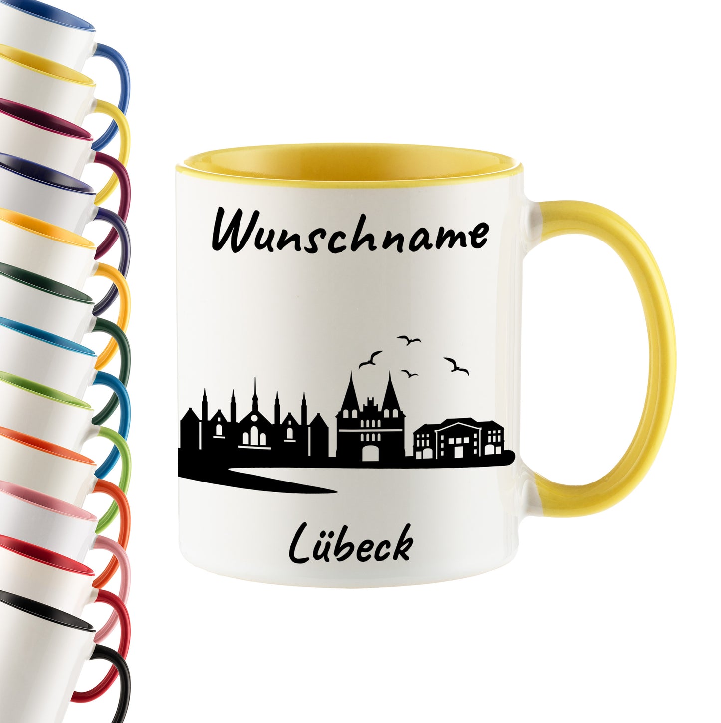 Tasse in Hellgelb 330ml bedruckt mit der Skyline von Lübeck personalisierbar mit Wunschname