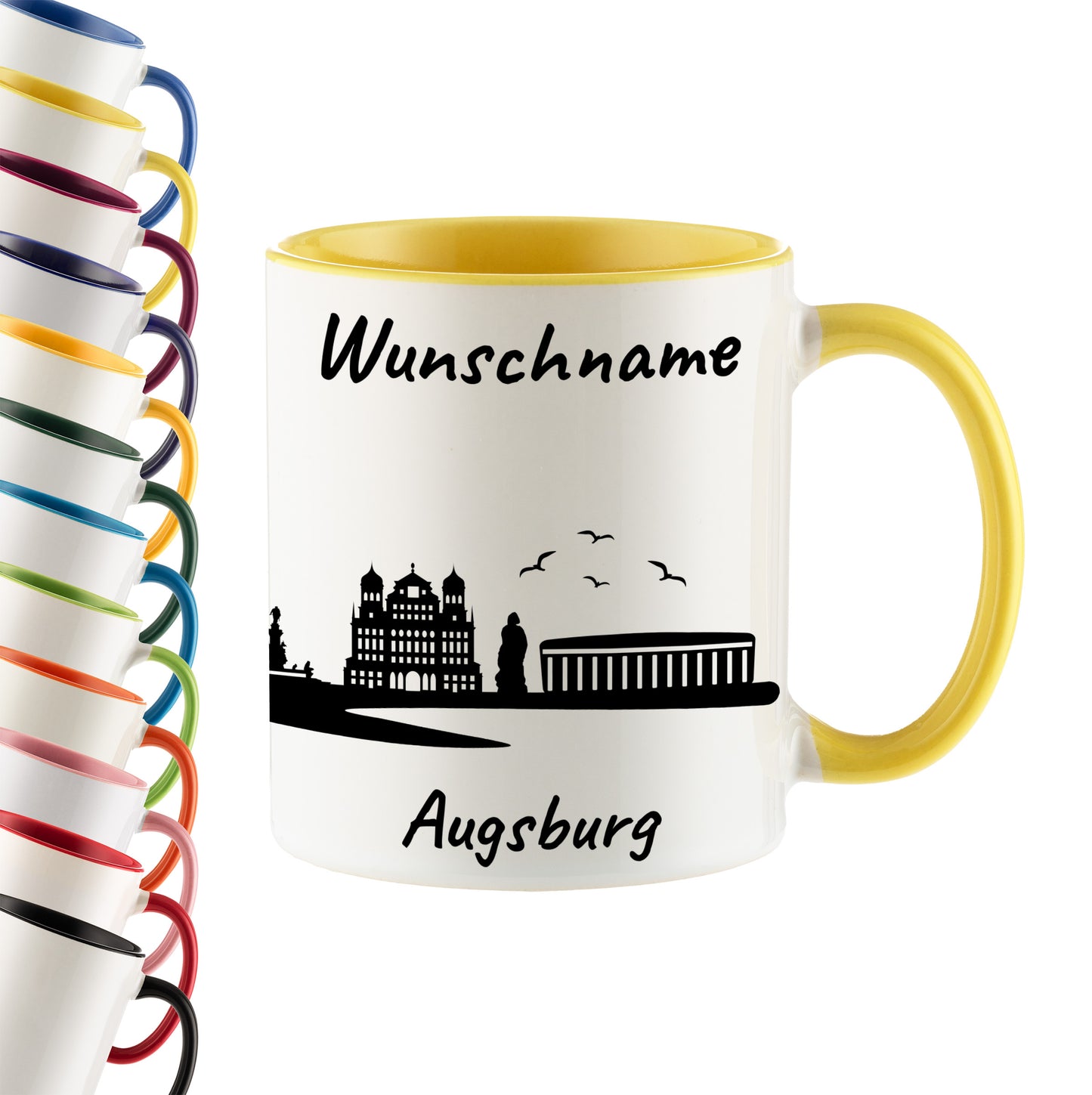 Tasse in Hellgelb 330ml bedruckt mit der Skyline von Augsburg personalisierbar mit Wunschname