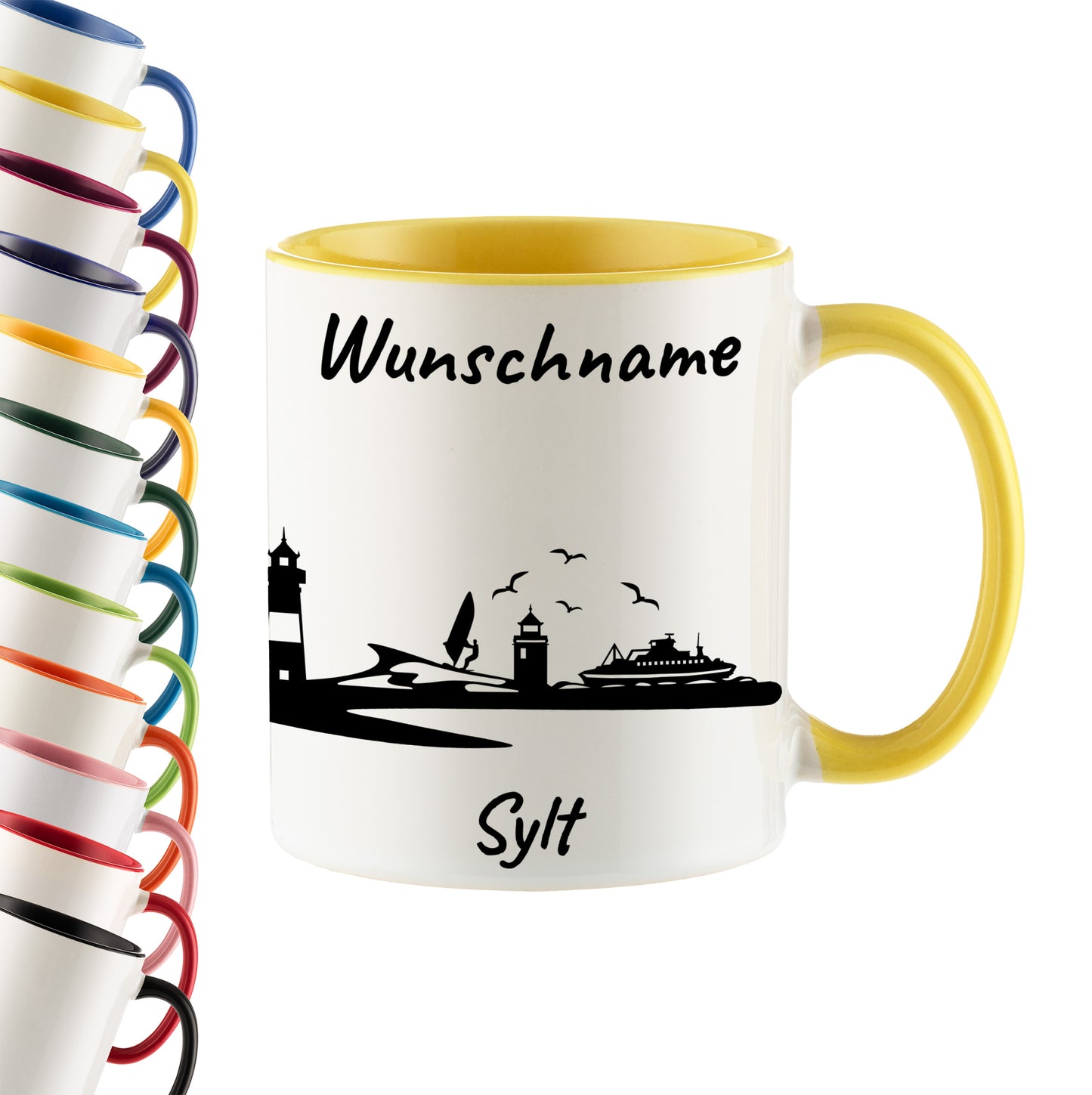 Tasse in Hellgelb 330ml bedruckt mit der Skyline von Sylt personalisierbar mit Wunschname