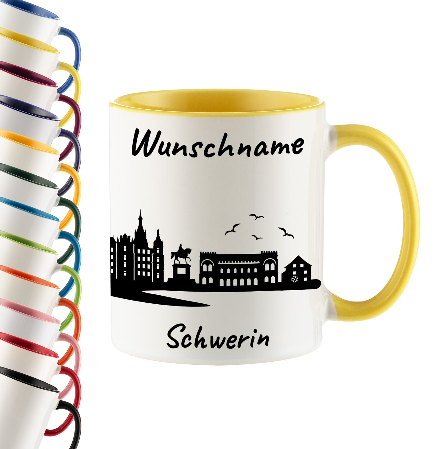 Tasse in Hellgelb 330ml bedruckt mit der Skyline von Schwerin personalisierbar mit Wunschname