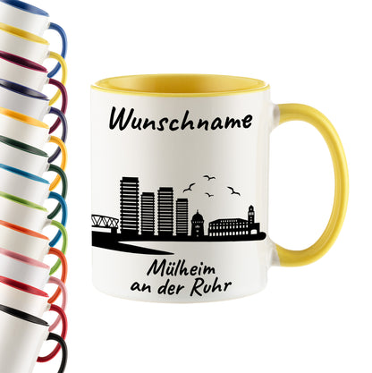 Tasse in Hellgelb 330ml bedruckt mit der Skyline von Mülheim an der Ruhr personalisierbar mit Wunschname