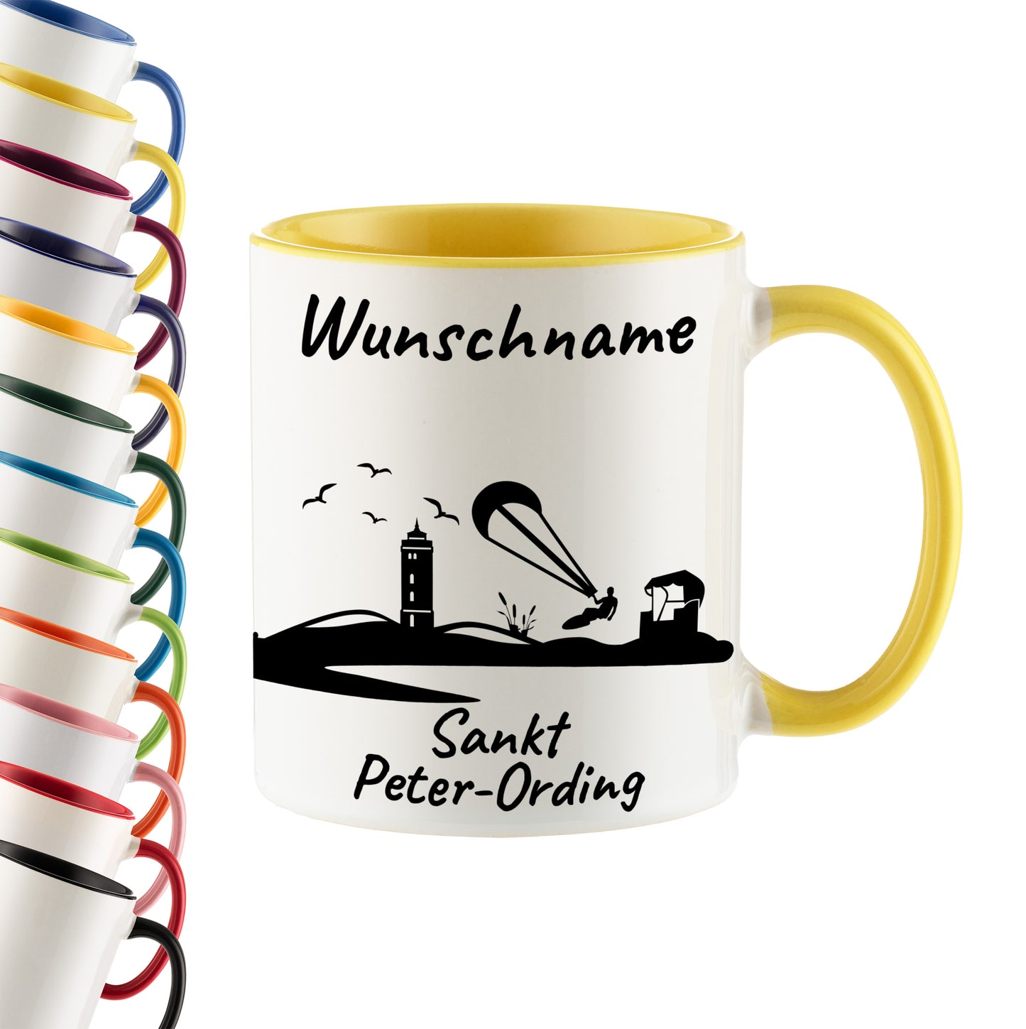 Tasse in Hellgelb 330ml bedruckt mit der Skyline von Sankt Peter-Ording personalisierbar mit Wunschname